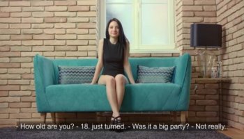 Horny guy pees in open mouth and pussy of hot brunette